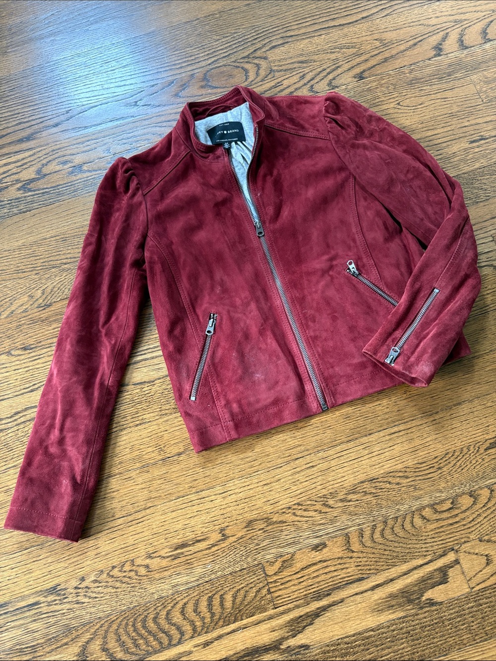 Lucky Brand Red Suede Zip-Front Moto Jacket, 100% goat leather, small